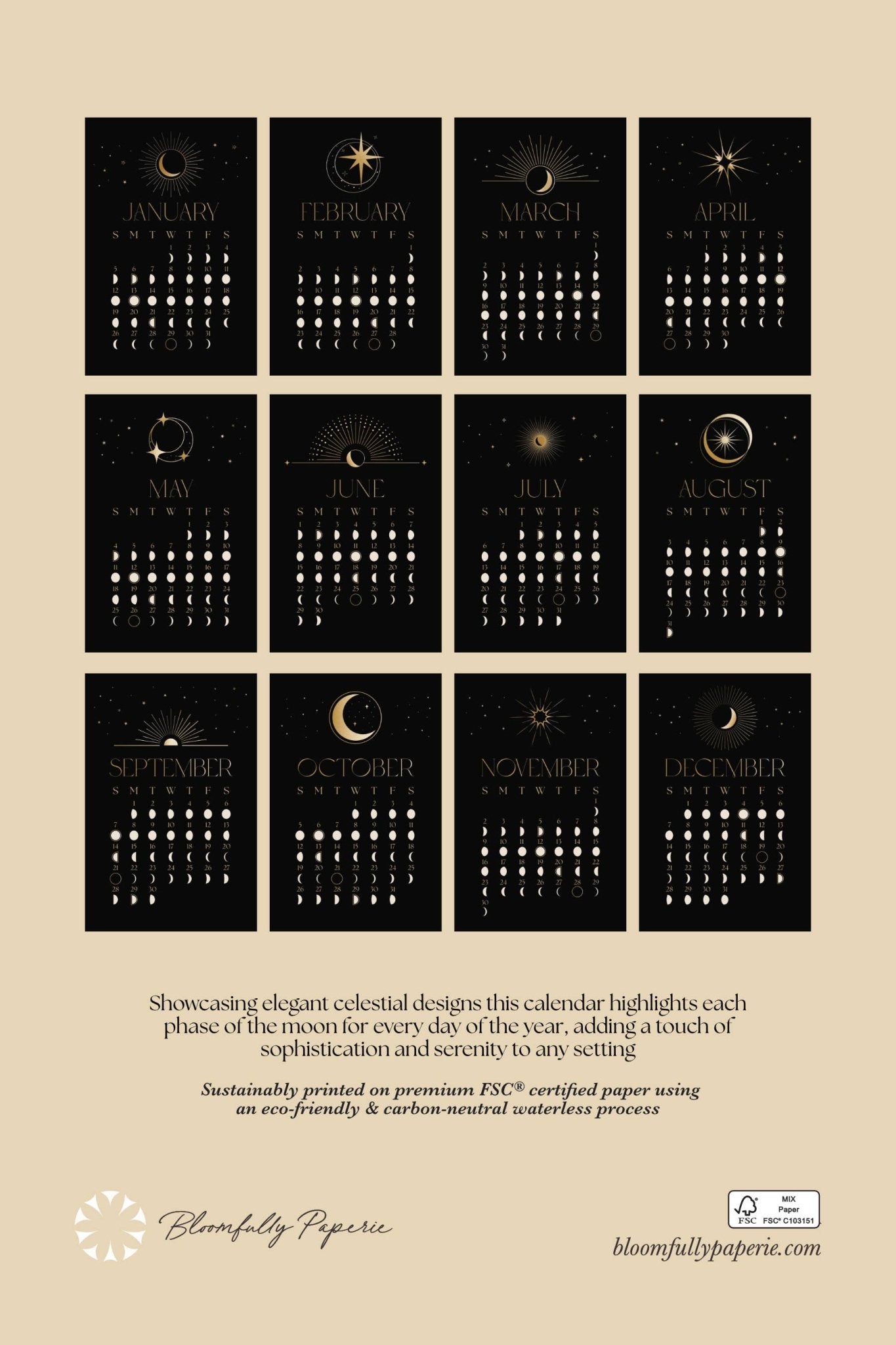 2025 Black & Gold Moon Wall Calendar  - Loved To Death