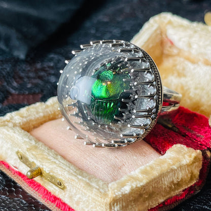 Victorian Thistle Green Demon Beetle Sterling Ring