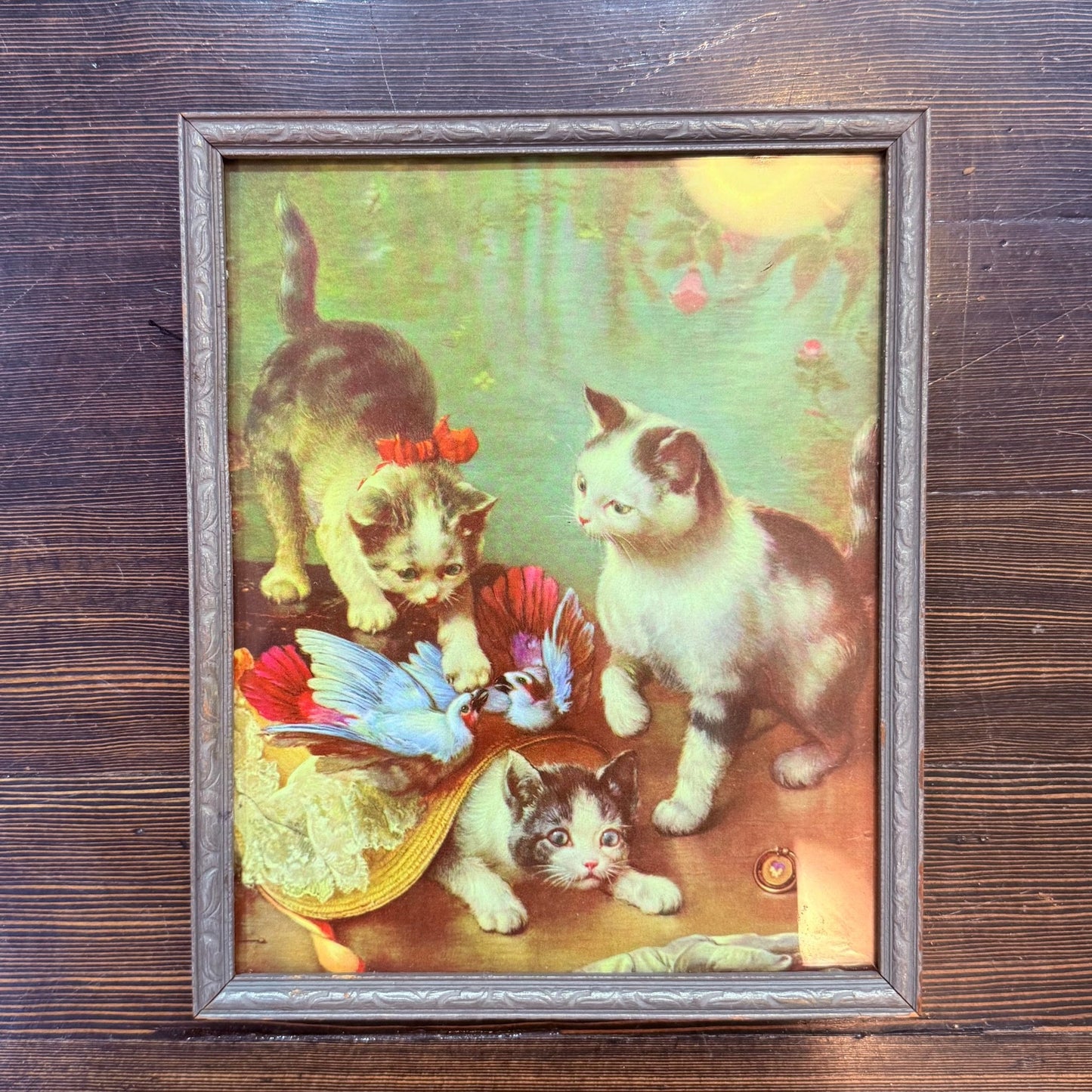 Antique 1930’s Framed Litho “Mischievous Cats” - Loved To Death