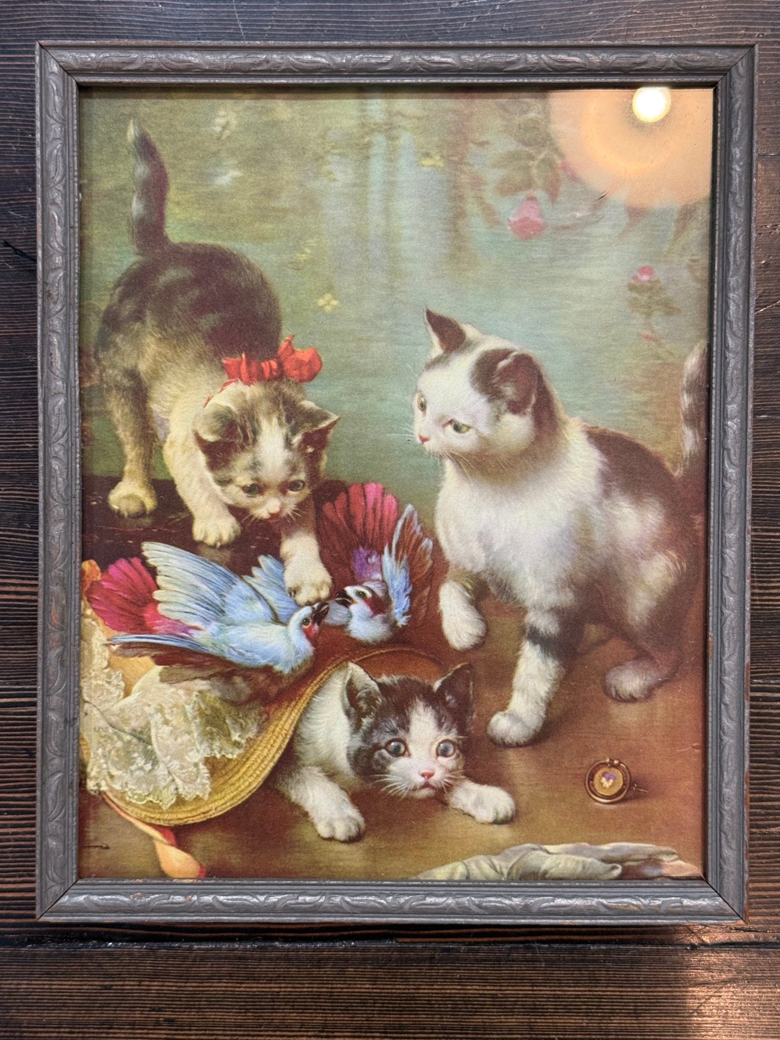 Antique 1930’s Framed Litho “Mischievous Cats” - Loved To Death