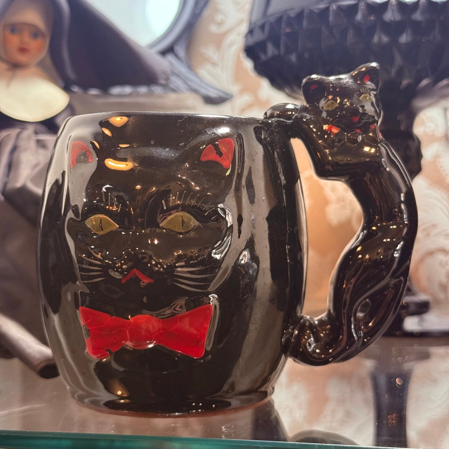 Antique Black Cat Hand Painted Mug Large - Loved To Death