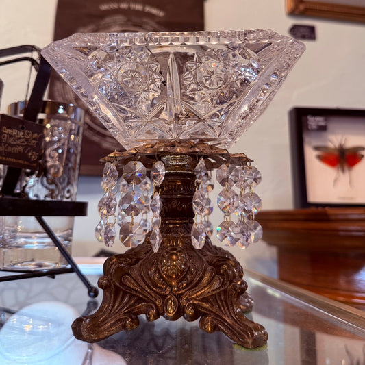 Antique Crystal & Brass Pedestal Ashtray w/Crystals - Loved To Death