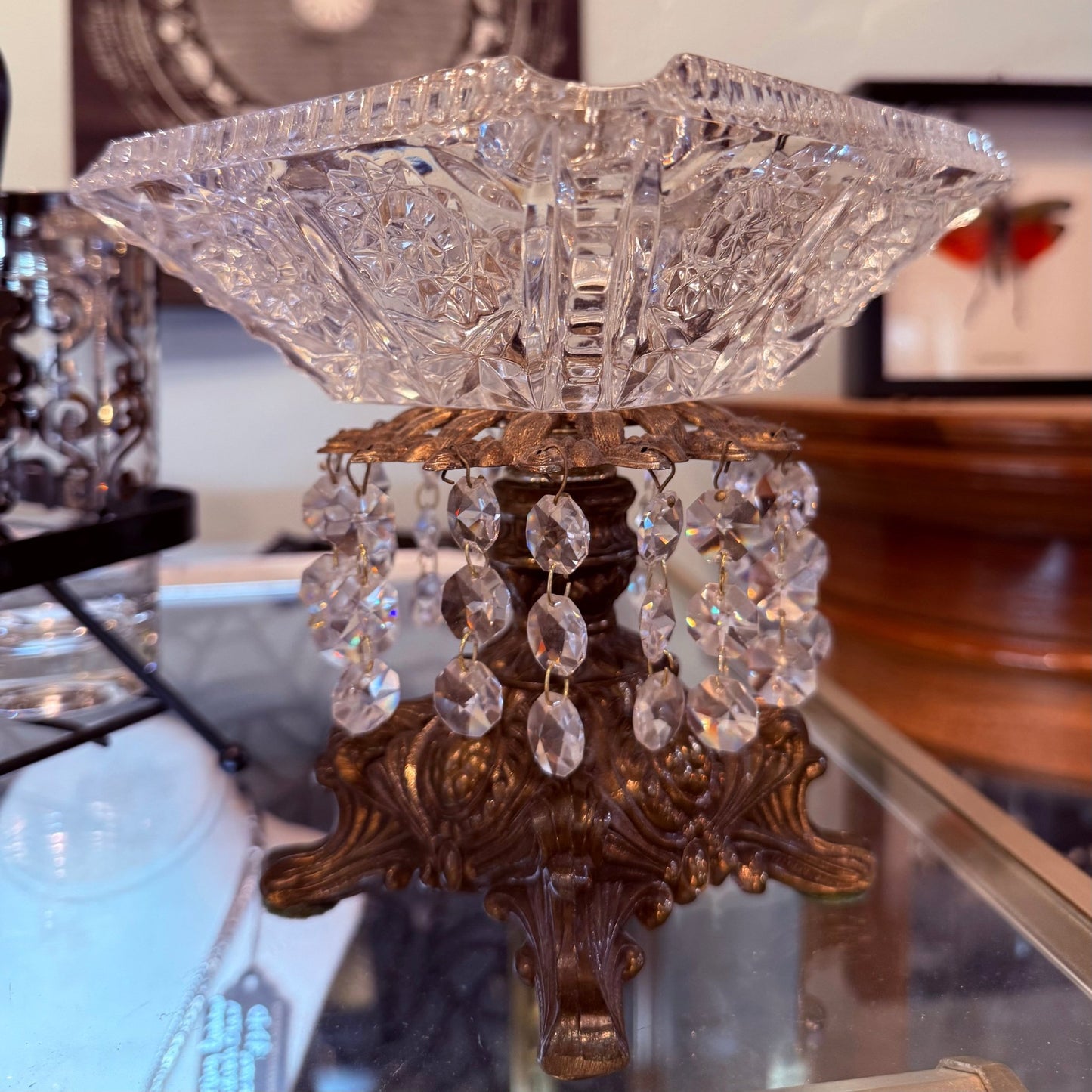 Antique Crystal & Brass Pedestal Ashtray w/Crystals - Loved To Death