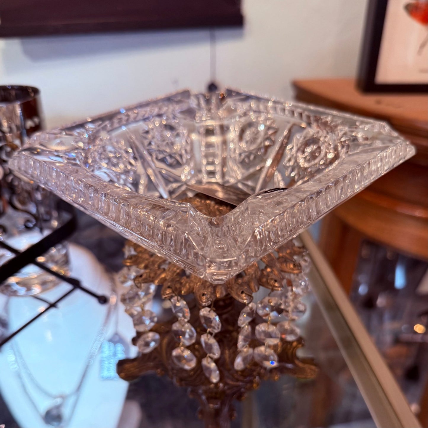 Antique Crystal & Brass Pedestal Ashtray w/Crystals - Loved To Death