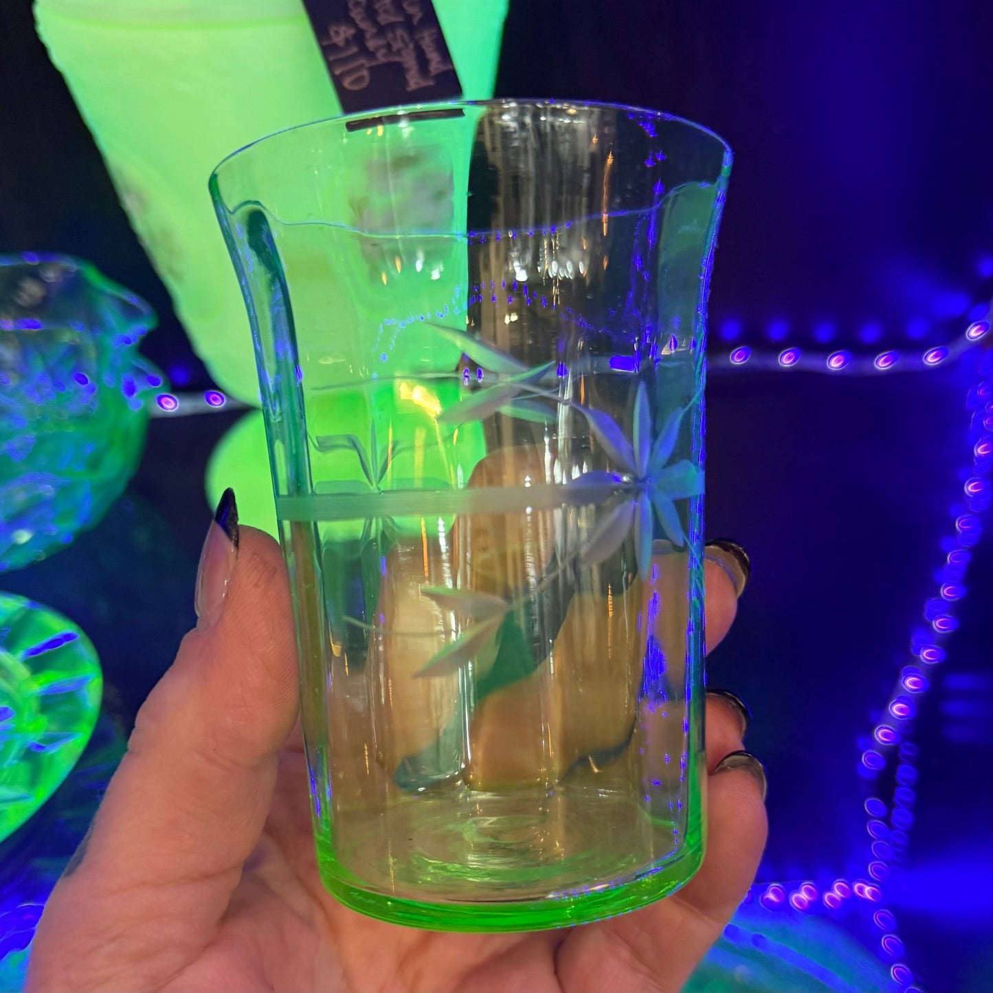 Antique Etched Uranium Glass Juice Cup - Loved To Death