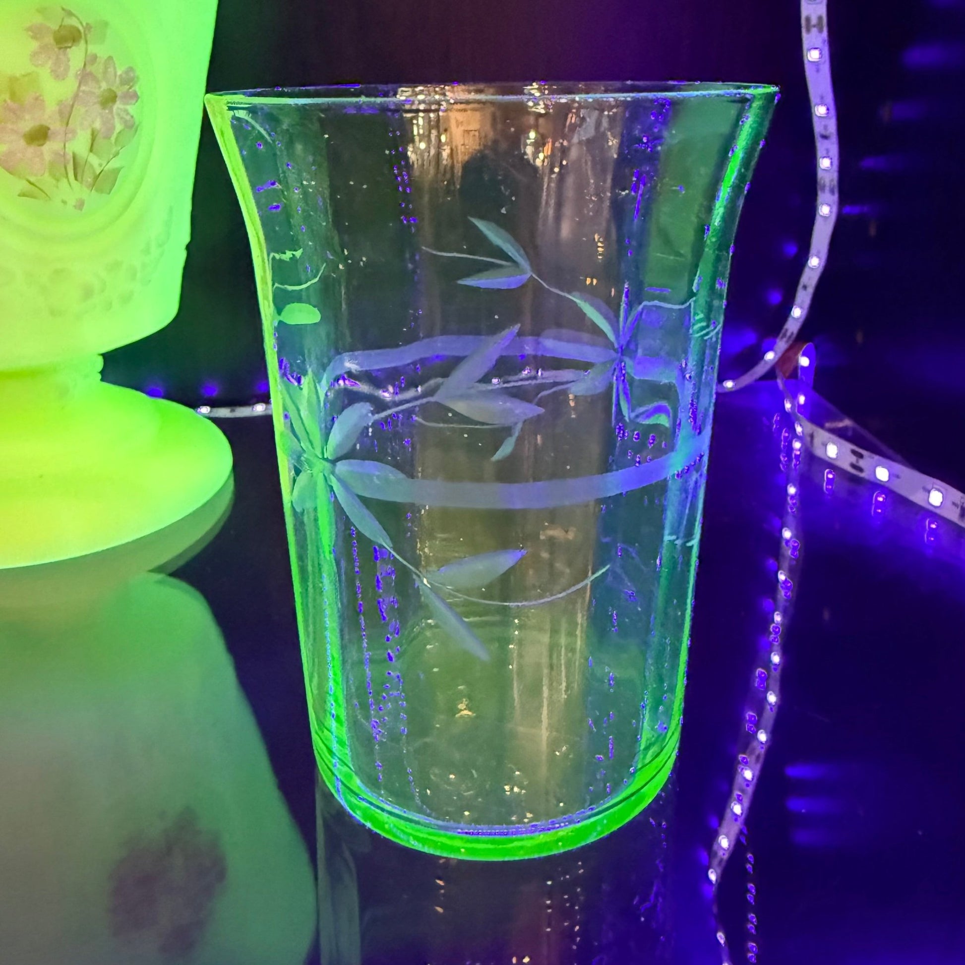 Antique Etched Uranium Glass Juice Cup - Loved To Death