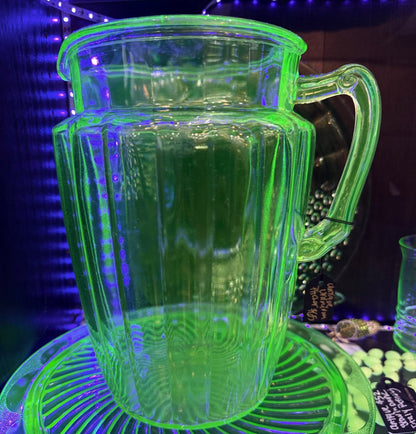 Antique Etched Uranium Glass Large Pitcher - Loved To Death