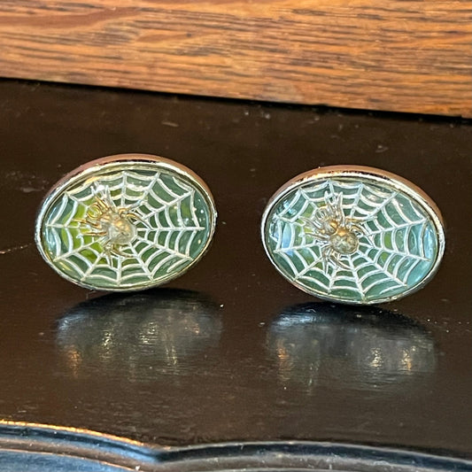 Antique Spider in Green Spiderweb Silver Tone Cufflinks - Loved To Death