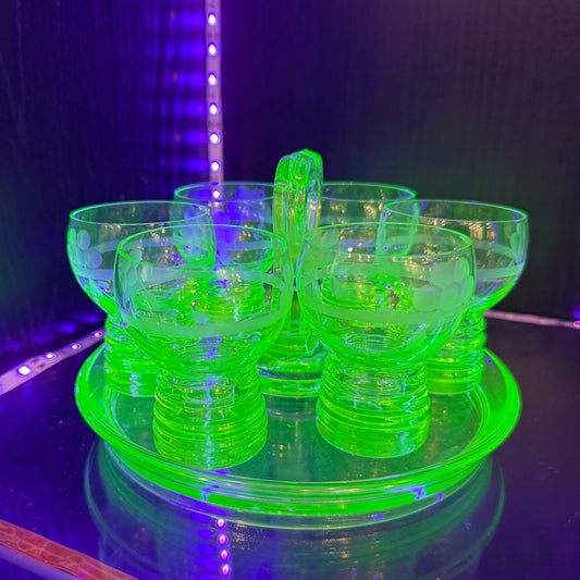 Antique Uranium Glass Shot Apertif Glasses & Tray - Loved To Death