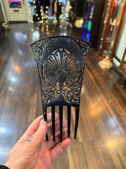 Antique Victorian Black Celluloid Rhinestone Hair Comb - Loved To Death