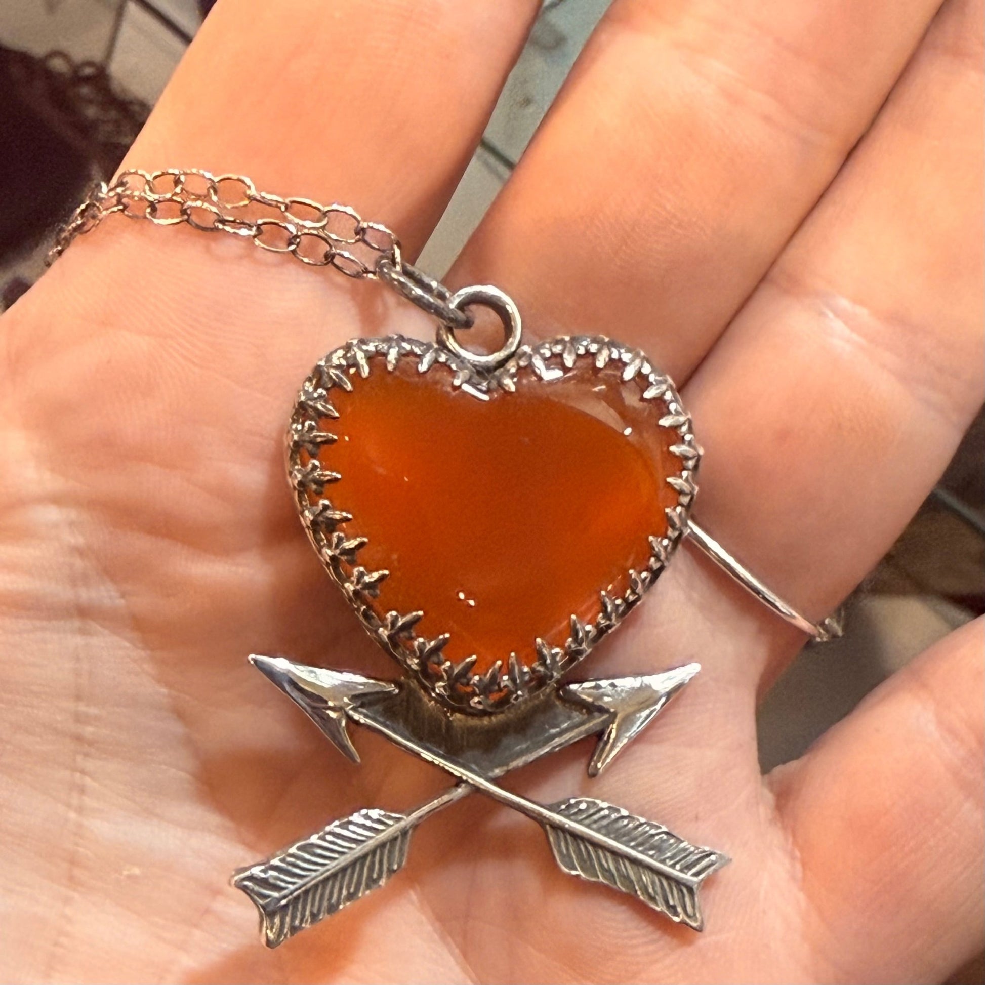 Carnelian Heart & Arrows Handmade Sterling Necklace - Loved To Death