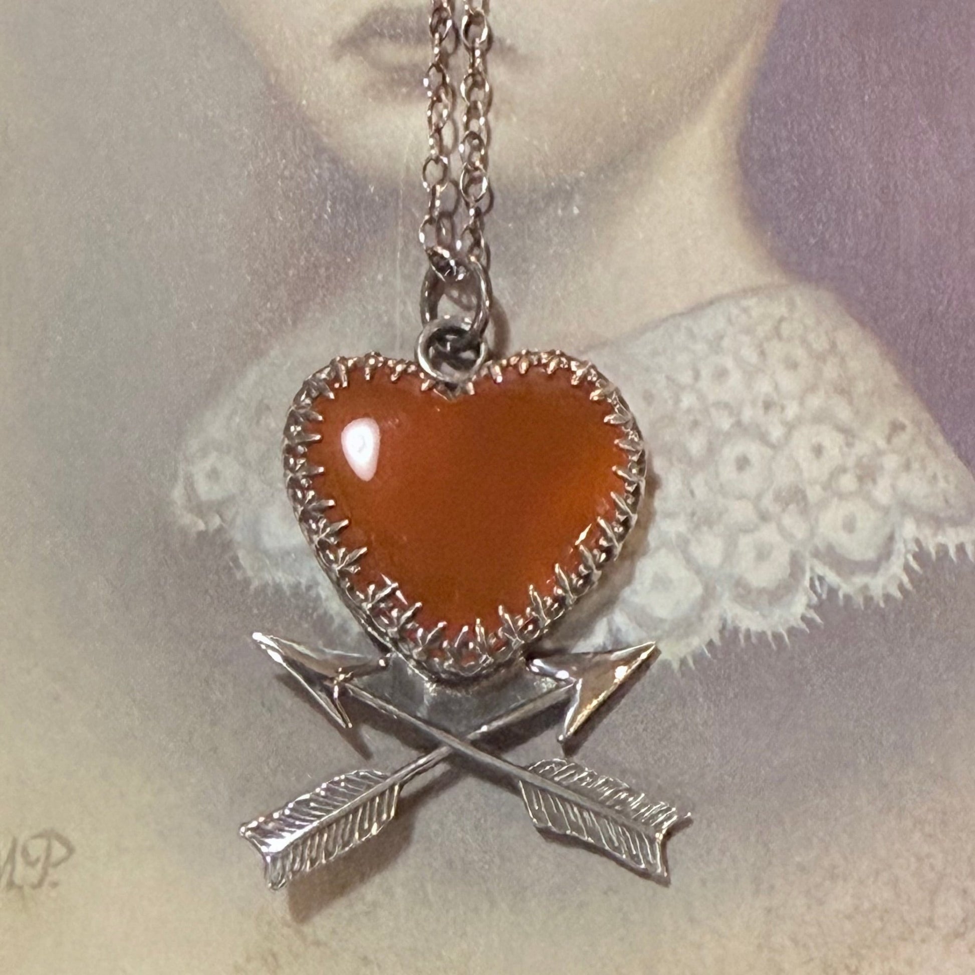 Carnelian Heart & Arrows Handmade Sterling Necklace - Loved To Death