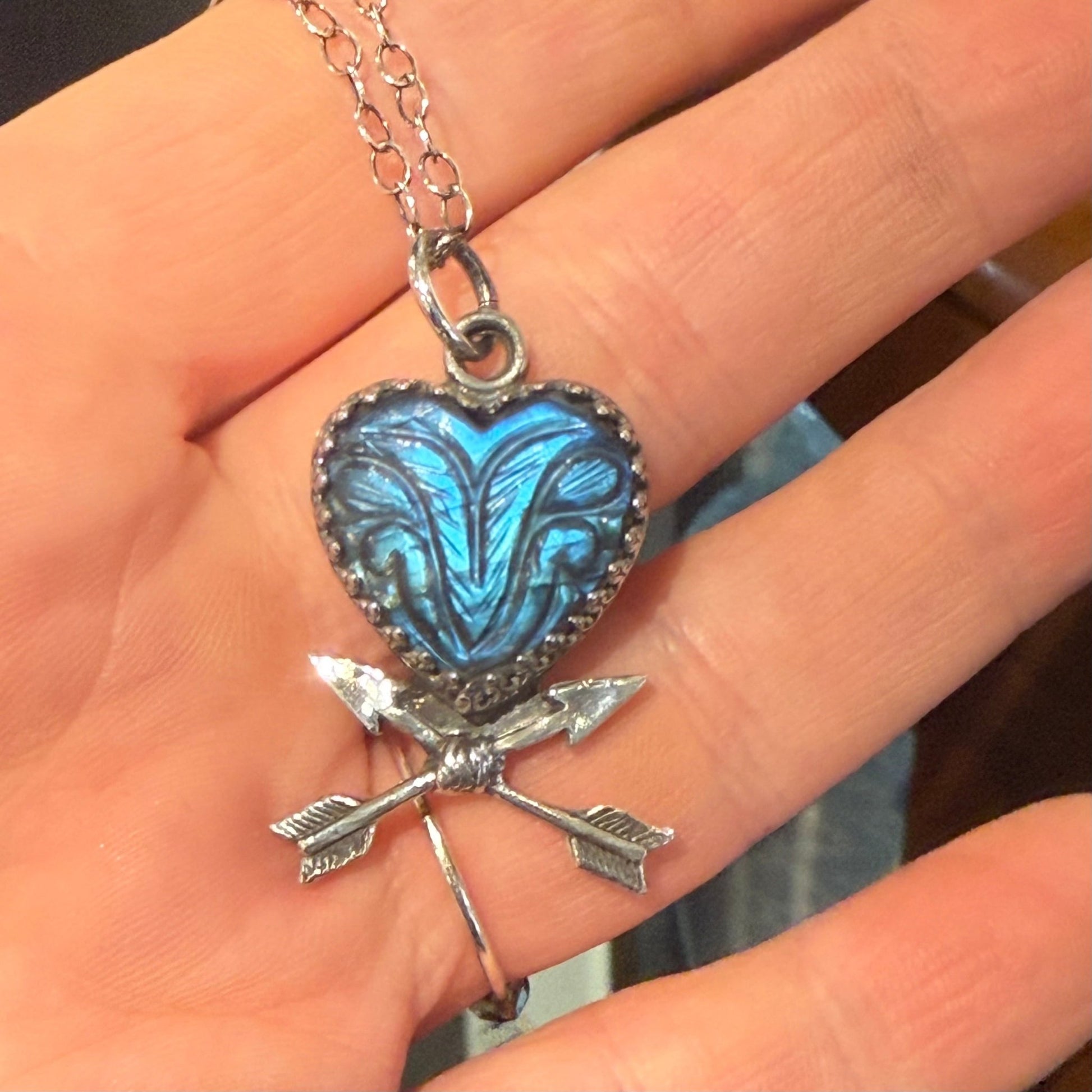 Carved Labradorite Heart & Arrows Handmade Sterling Necklace - Loved To Death