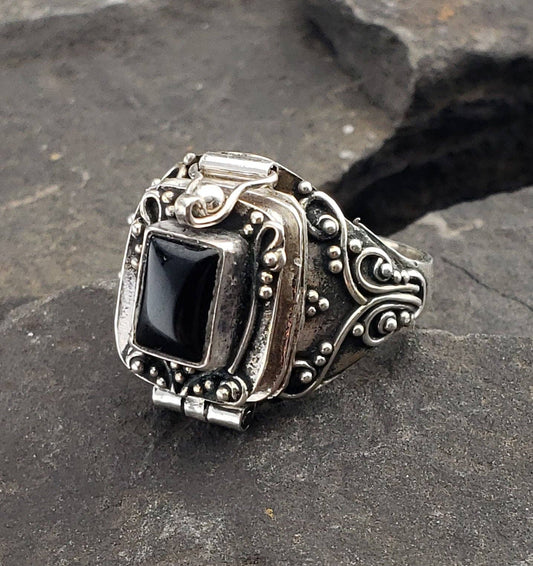 Gothic Black Onyx and Sterling Silver Poison Box Locket Ring - Loved To Death