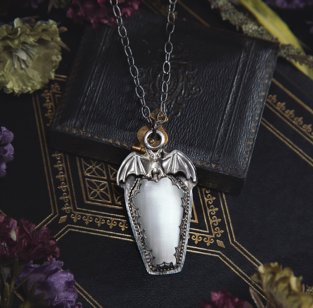 Gothic Victorian Bat Selenite Coffin Necklace - Loved To Death