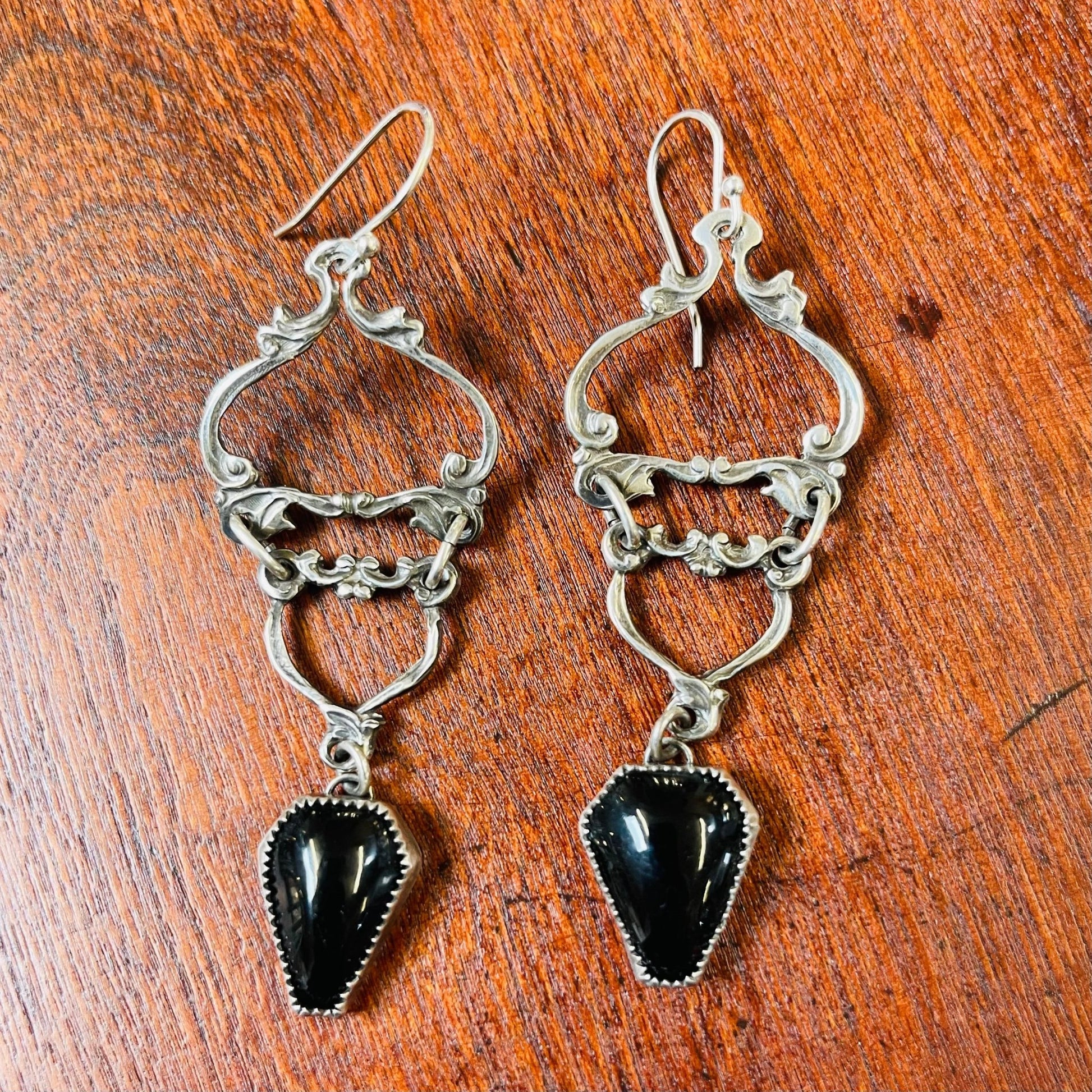 Gothic Victorian Floral Drop Onyx Coffin Earrings - Loved To Death