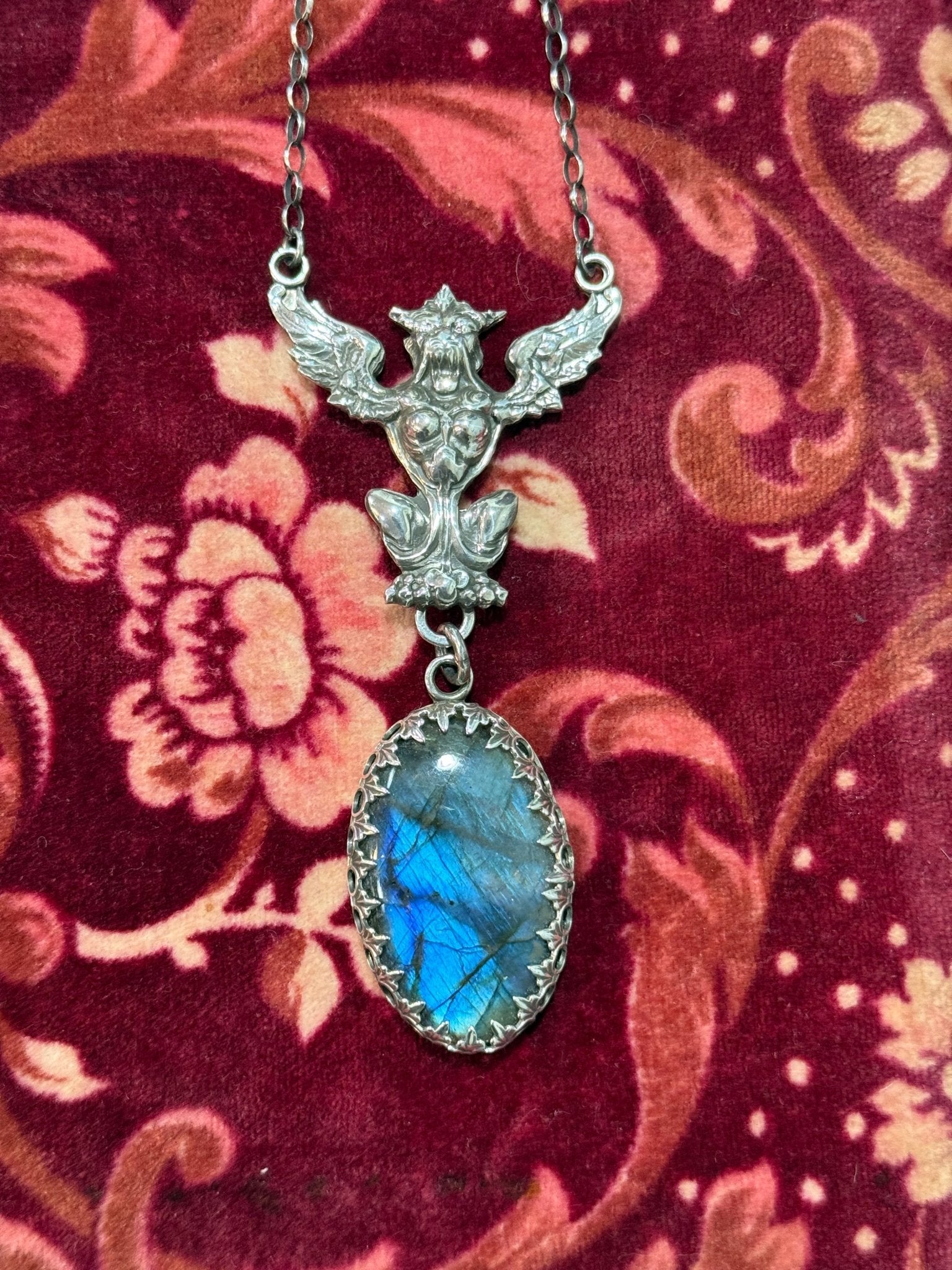 Gothic Victorian Gargoyle Labradorite Statement Necklace Sterling Art Nouveau - Loved To Death