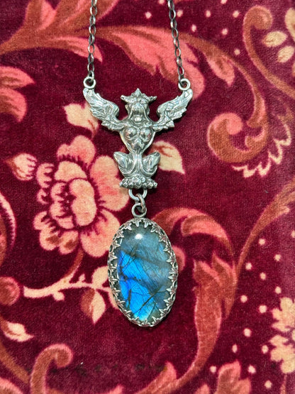 Gothic Victorian Gargoyle Labradorite Statement Necklace Sterling Art Nouveau - Loved To Death