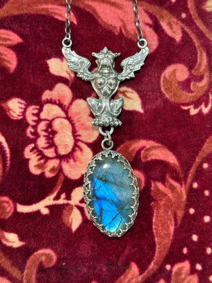 Gothic Victorian Gargoyle Labradorite Statement Necklace Sterling Art Nouveau - Loved To Death