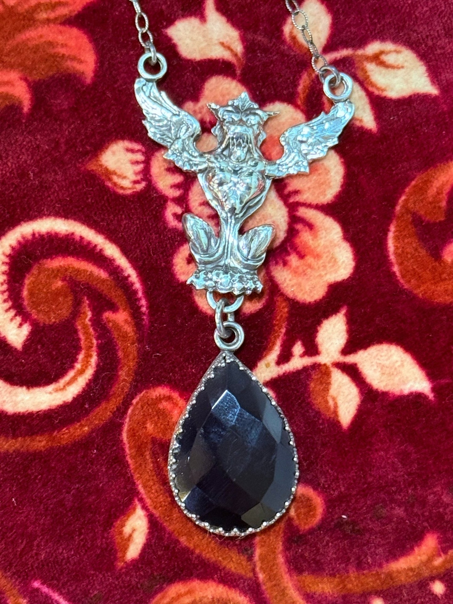 Gothic Victorian Gargoyle Onyx Statement Necklace Sterling Art Nouveau - Loved To Death