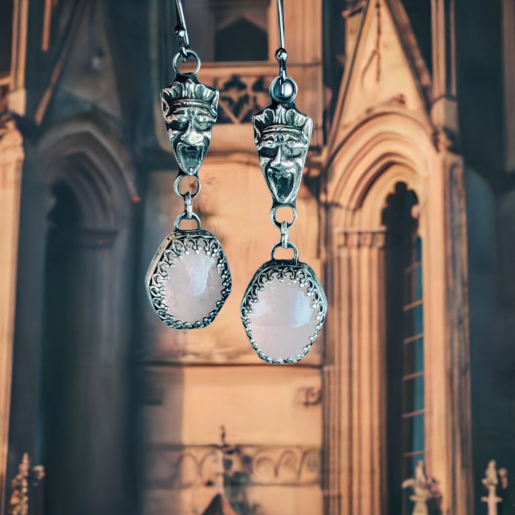 Gothic Victorian Gargoyle Rose Quartz Sterling Earrings - Loved To Death