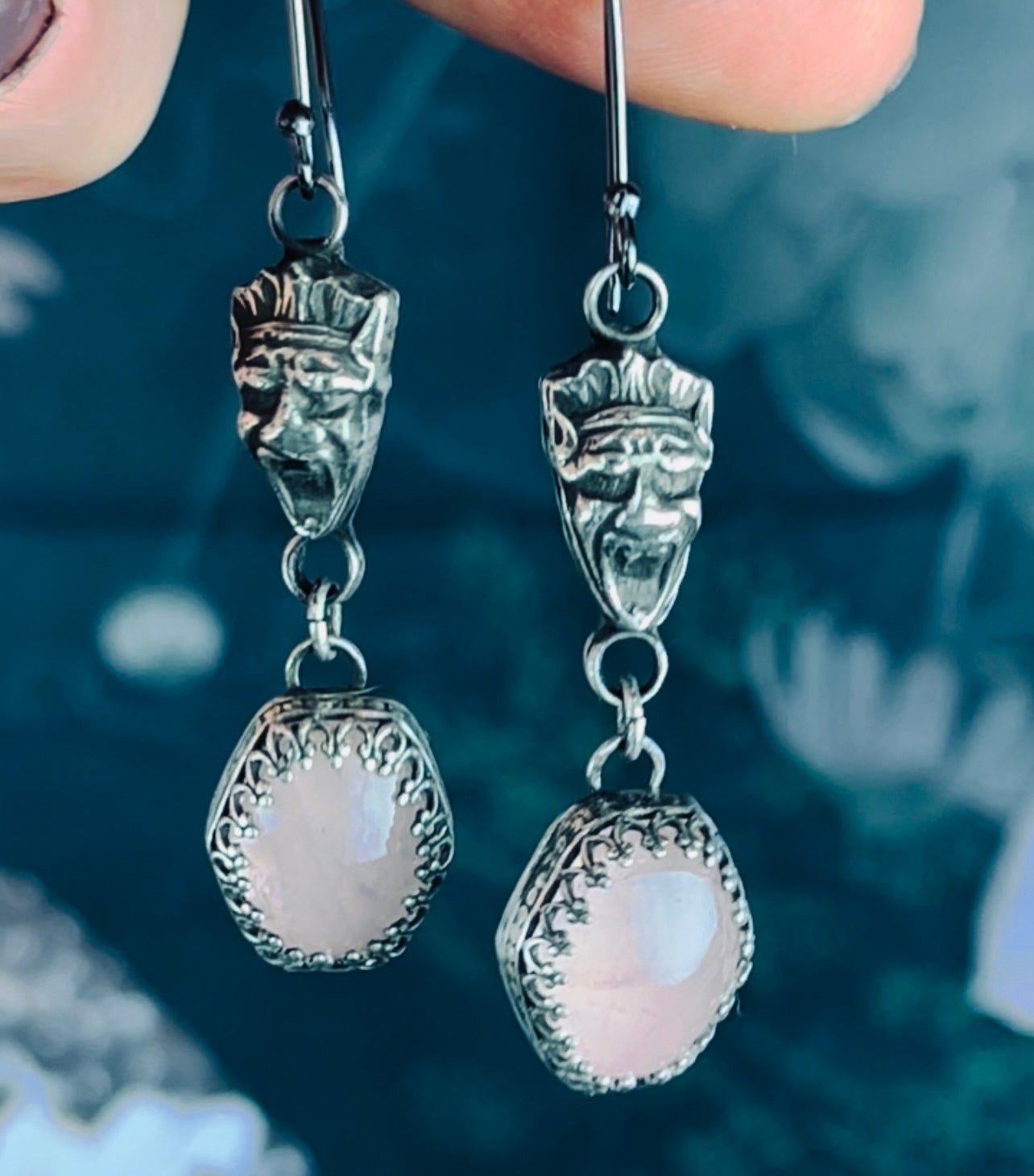 Gothic Victorian Gargoyle Rose Quartz Sterling Earrings - Loved To Death