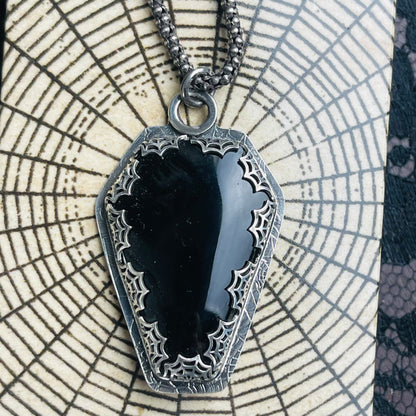 Gothic Victorian Obsidian Coffin Sterling Necklace - Loved To Death