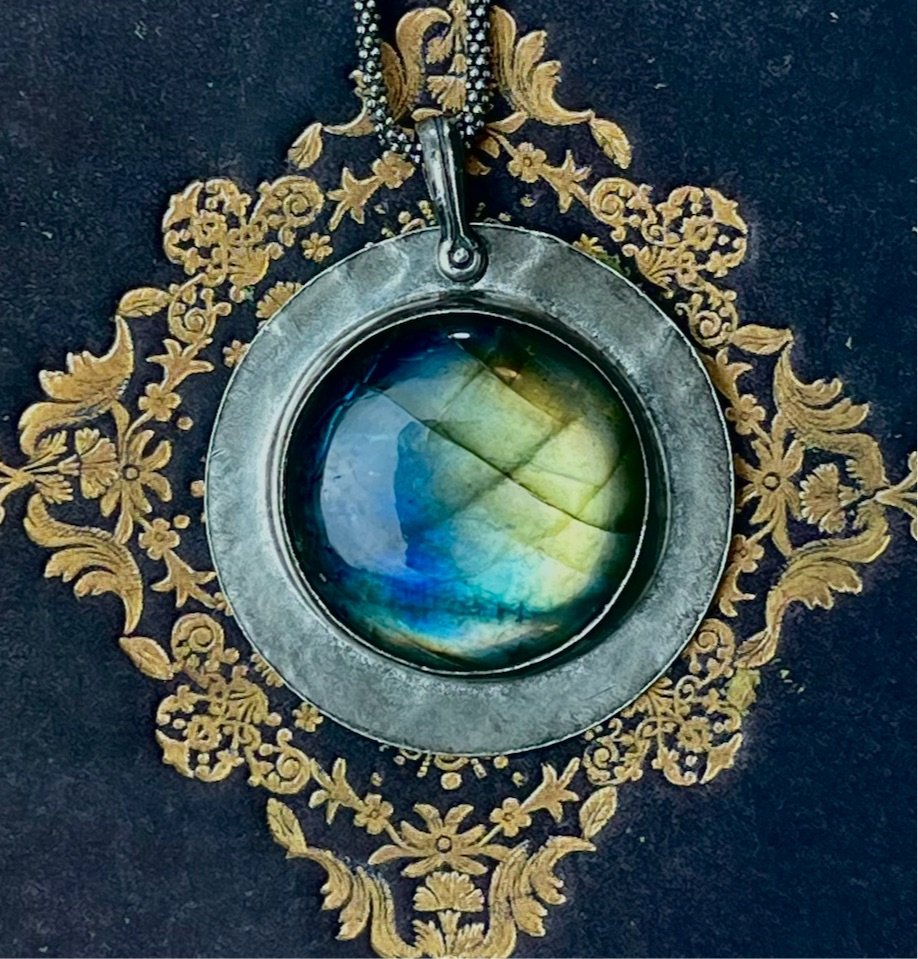 Labradorite Deep Blue Gold Full Moon Sterling Amulet Necklace - Loved To Death