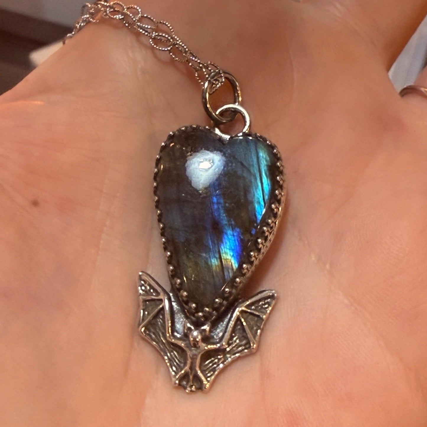 Labradorite Heart Bat Handmade Sterling Necklace - Loved To Death