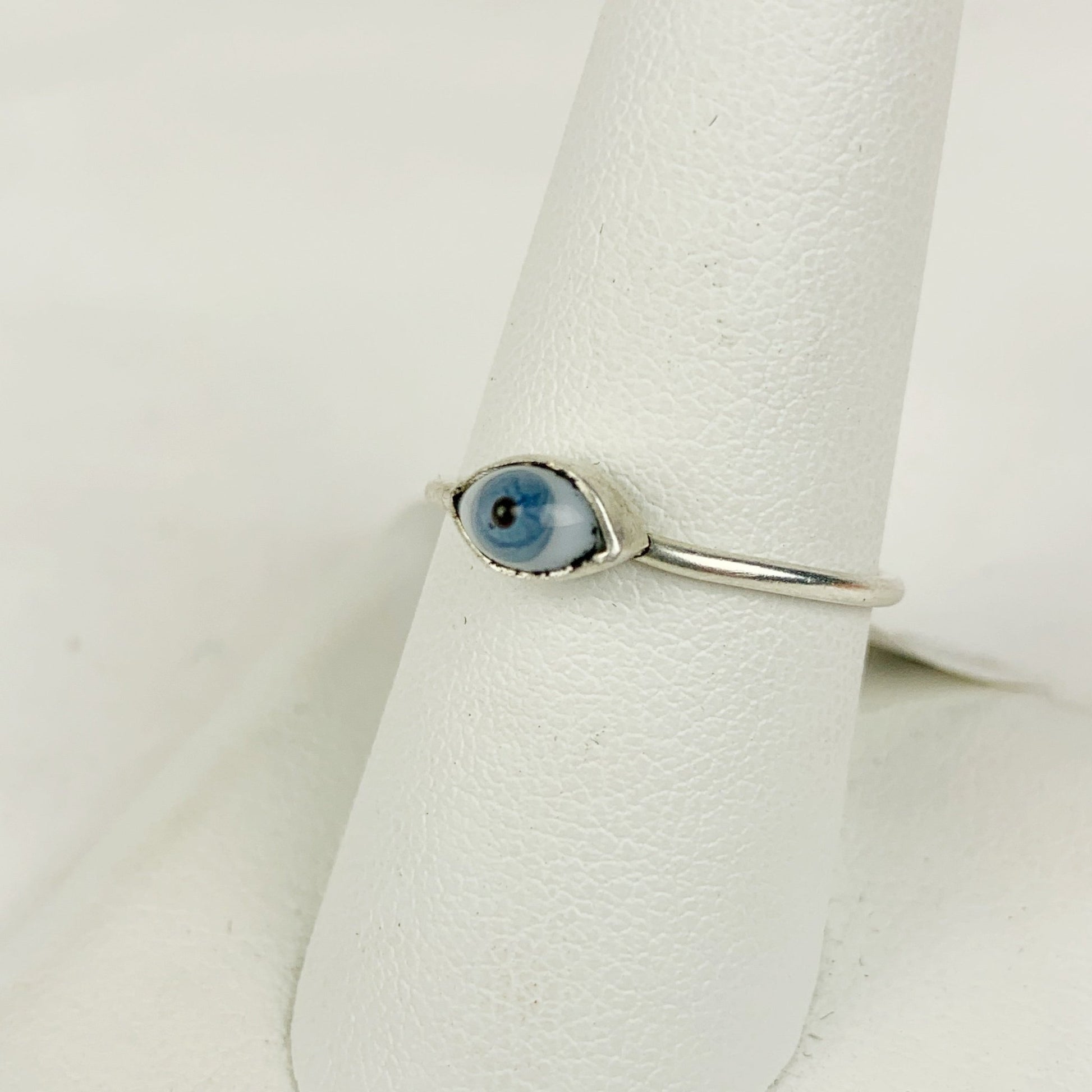 Mini Glass Eye Silver Plate Brass Ring Blue - Loved To Death