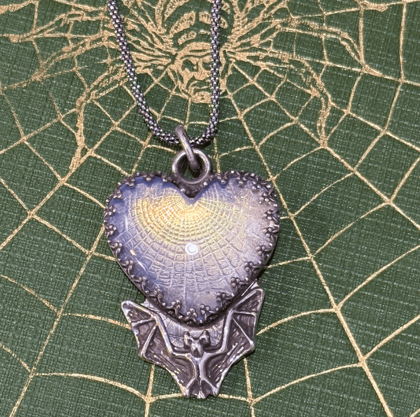 Opaline Spiderweb Heart Bat Handmade Sterling Necklace - Loved To Death