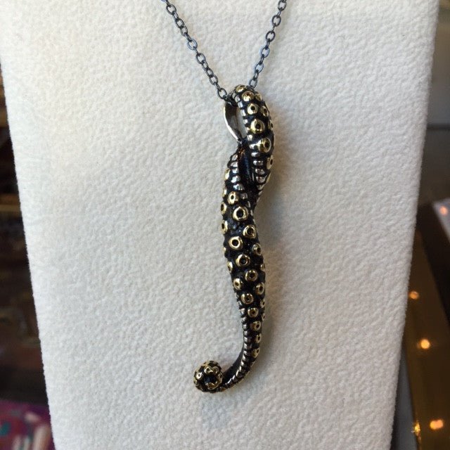 Rhodium Sterling Silver Octopus Tentacle 24K Gold Accents Necklace Large - Loved To Death