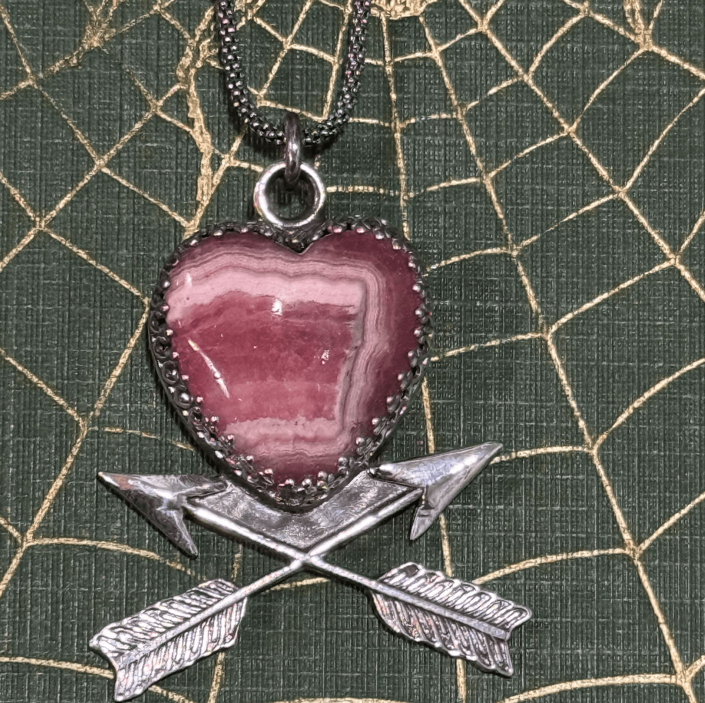 Rhodochrosite Heart & Arrows Handmade Sterling Necklace - Loved To Death