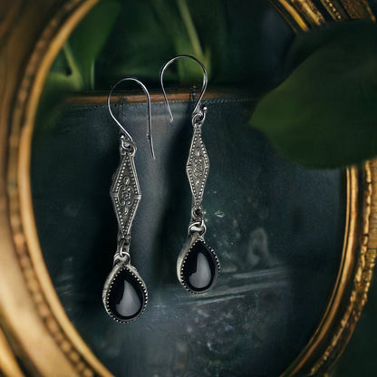 Sterling Gothic Victorian Onyx Drop Earrings - Loved To Death