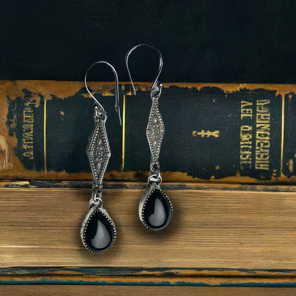 Sterling Gothic Victorian Onyx Drop Earrings - Loved To Death