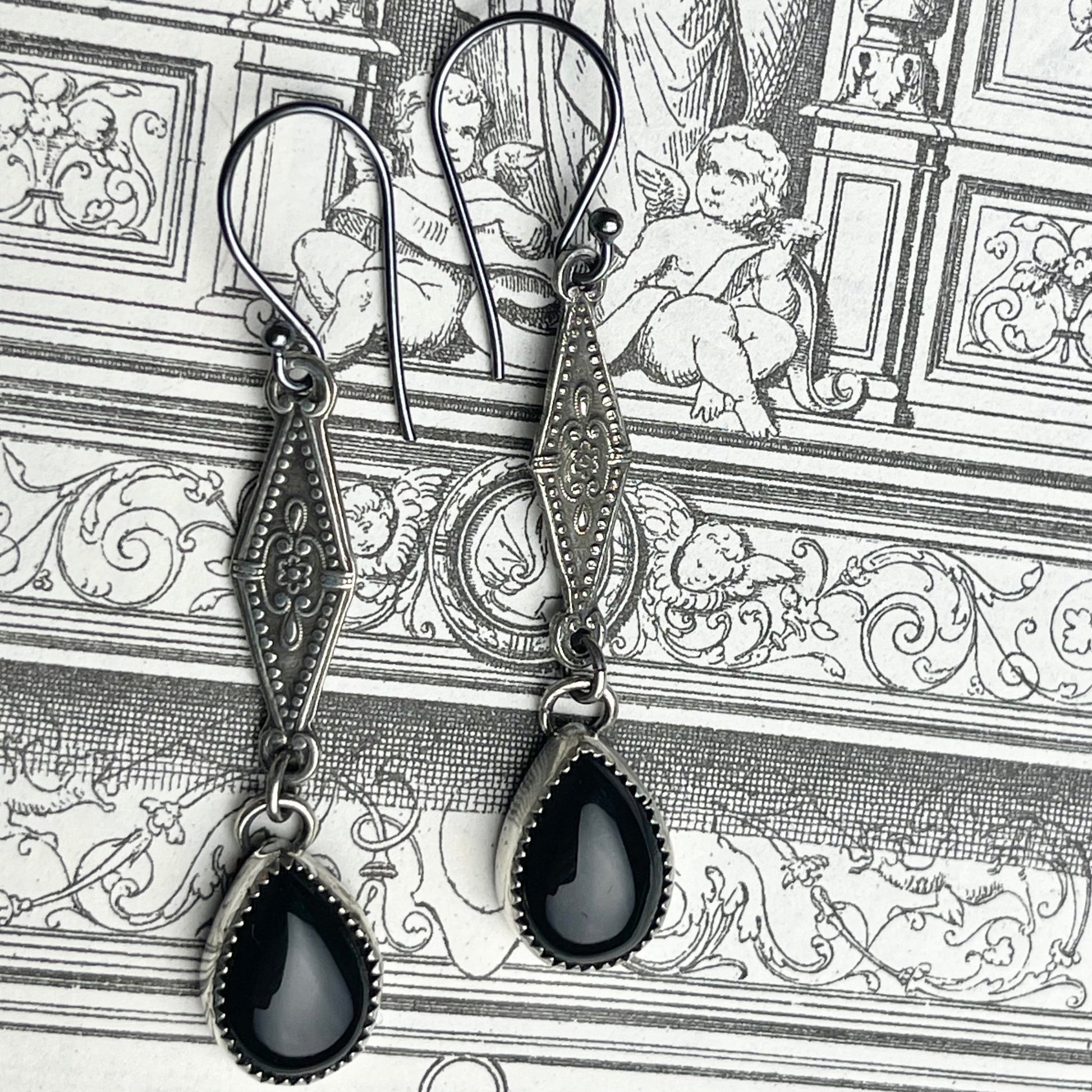 Sterling Gothic Victorian Onyx Drop Earrings - Loved To Death