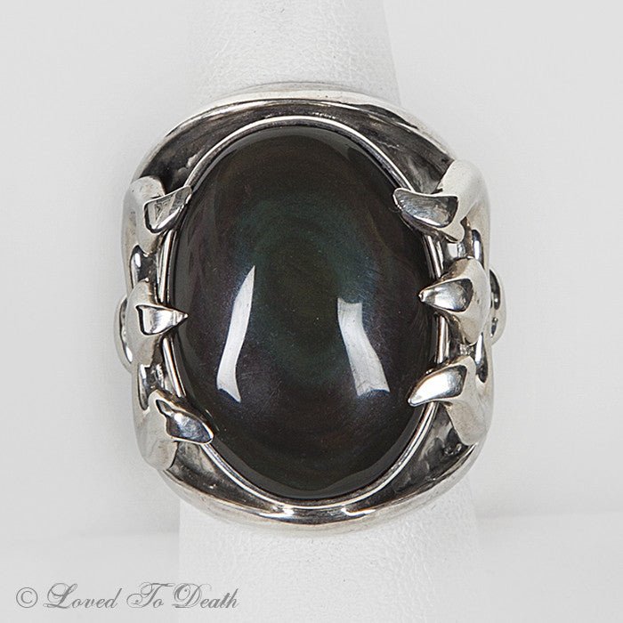 Sterling Silver Trident Rainbow Obsidian Ring - Loved To Death