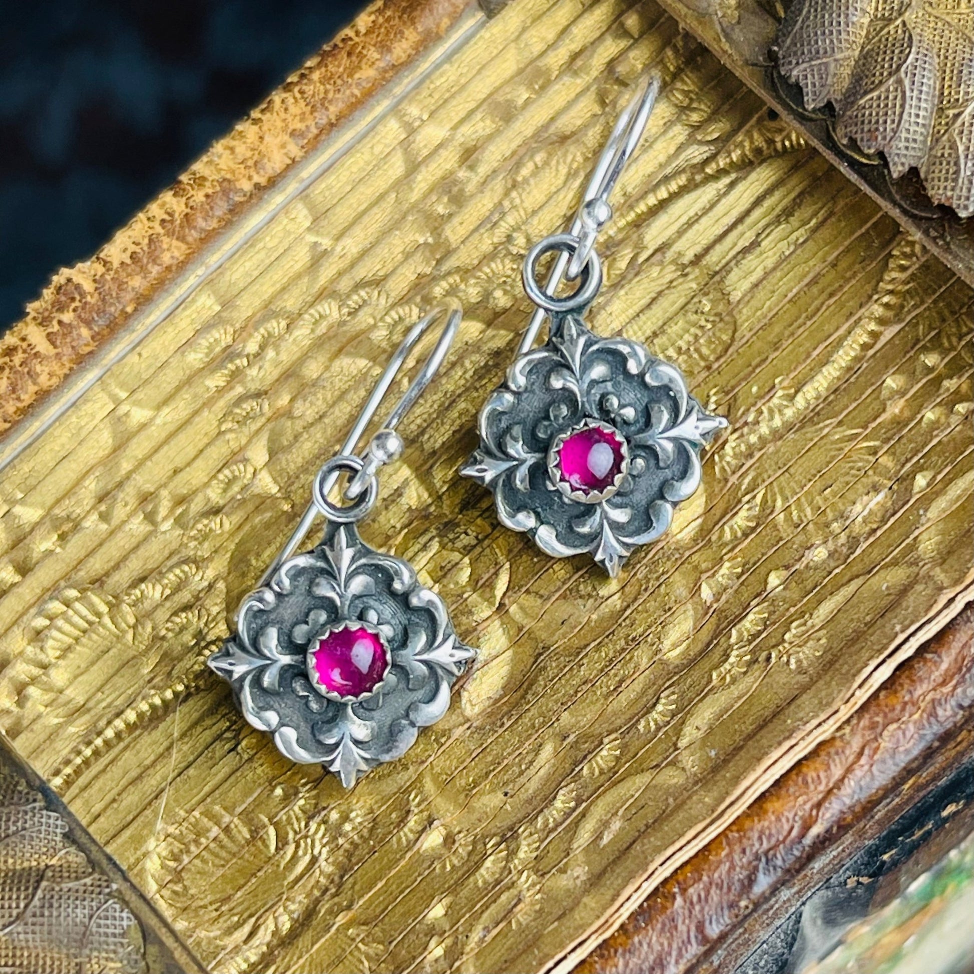 Sterling Victorian Drop Ruby Earrings - Loved To Death