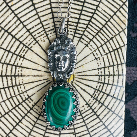 The Mini Medusa Gothic Victorian Sterling Necklace Malachite - Loved To Death