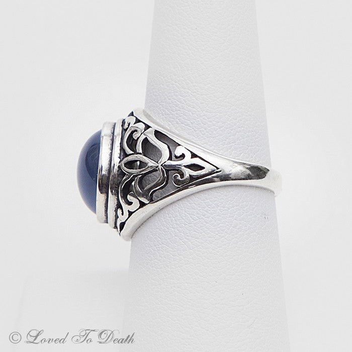 Victorian Inspired Sterling Filigree Blue Feline Taxidermy Eye Ring - Loved To Death