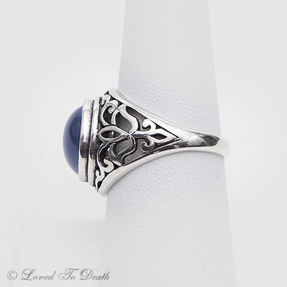 Victorian Inspired Sterling Filigree Blue Feline Taxidermy Eye Ring - Loved To Death