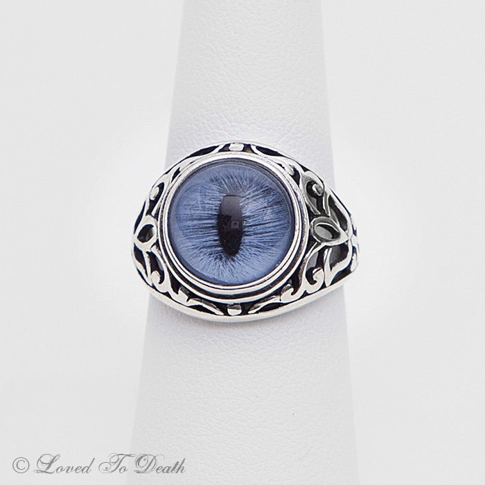 Victorian Inspired Sterling Filigree Blue Feline Taxidermy Eye Ring - Loved To Death