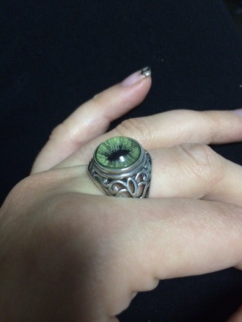 Victorian Inspired Sterling Filigree Blue Feline Taxidermy Eye Ring - Loved To Death