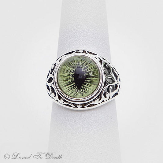 Victorian Inspired Sterling Filigree Green Feline Taxidermy Eye Ring - Loved To Death