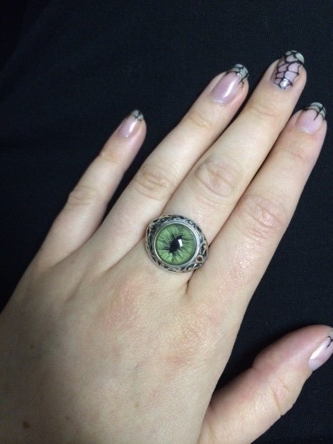 Victorian Inspired Sterling Filigree Green Feline Taxidermy Eye Ring - Loved To Death