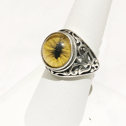 Victorian Inspired Sterling Filigree Yellow Feline Taxidermy Eye Ring - Loved To Death