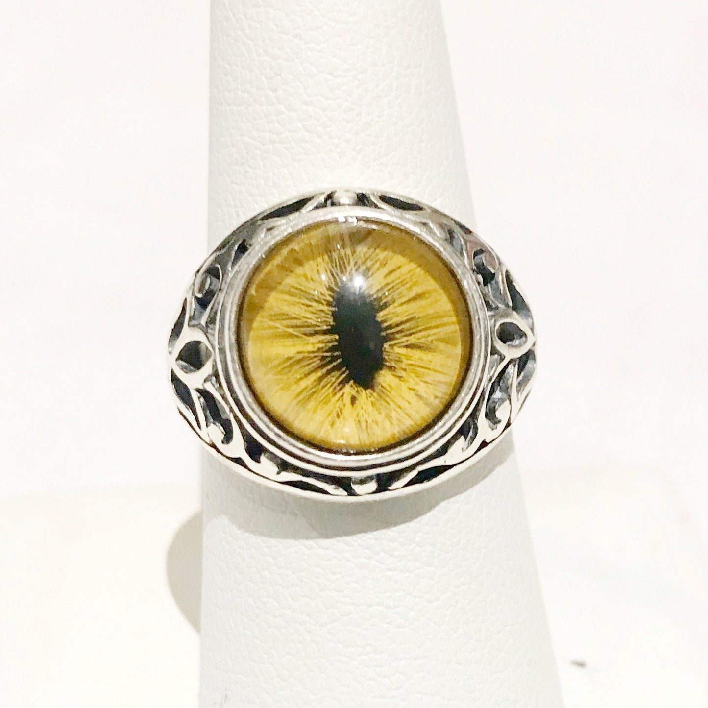 Victorian Inspired Sterling Filigree Yellow Feline Taxidermy Eye Ring - Loved To Death