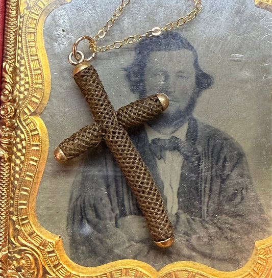 Victorian Mourning Hair Work Gold Filled Cross Necklace - Loved To Death