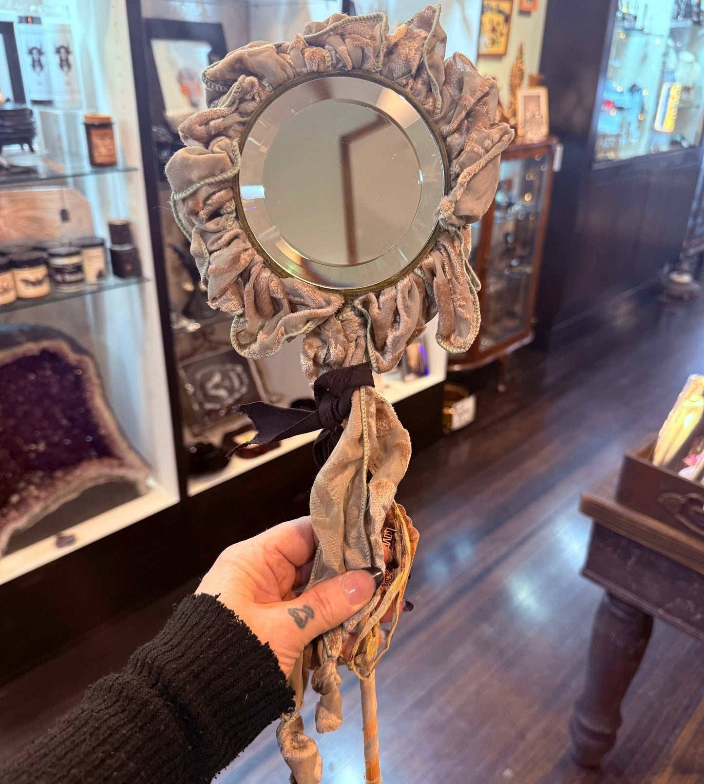 Victorian Unique Beveled Velvet Hand Mirror - Loved To Death